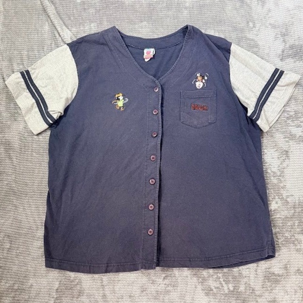 Vintage Peanuts Snoopy Woodstock Blue Button Baseball Jersey Men XL Short Sleeve
